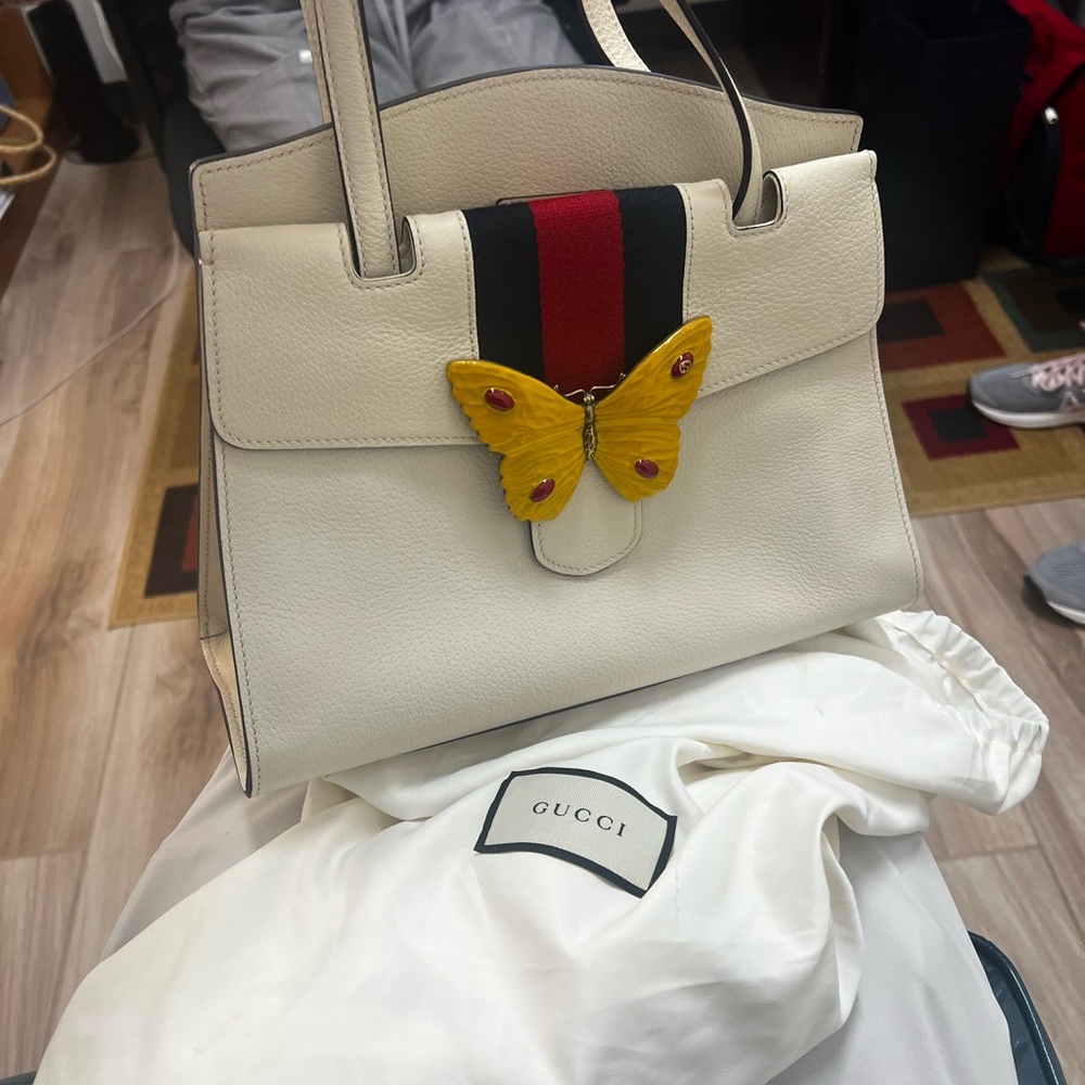 Gucci Cream Leather Tote Bag with Butterfly Accent